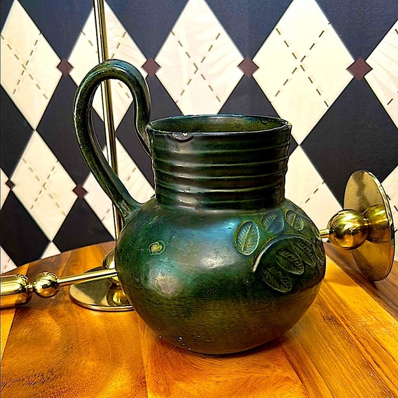 Vintage Mexican Folk Pottery Chocolate Jug – Green Glaze Floral Motif Handmade - Picture 15 of 17